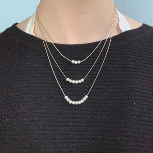 3 Connected Layer Silver Necklace w/ Pearl Beads